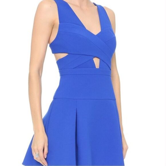 BCBGMAXAZRIA Harlie Cutout Cobalt Blue Fit and Flare V Neck Cocktail Mini Dress - Picture 5 of 16